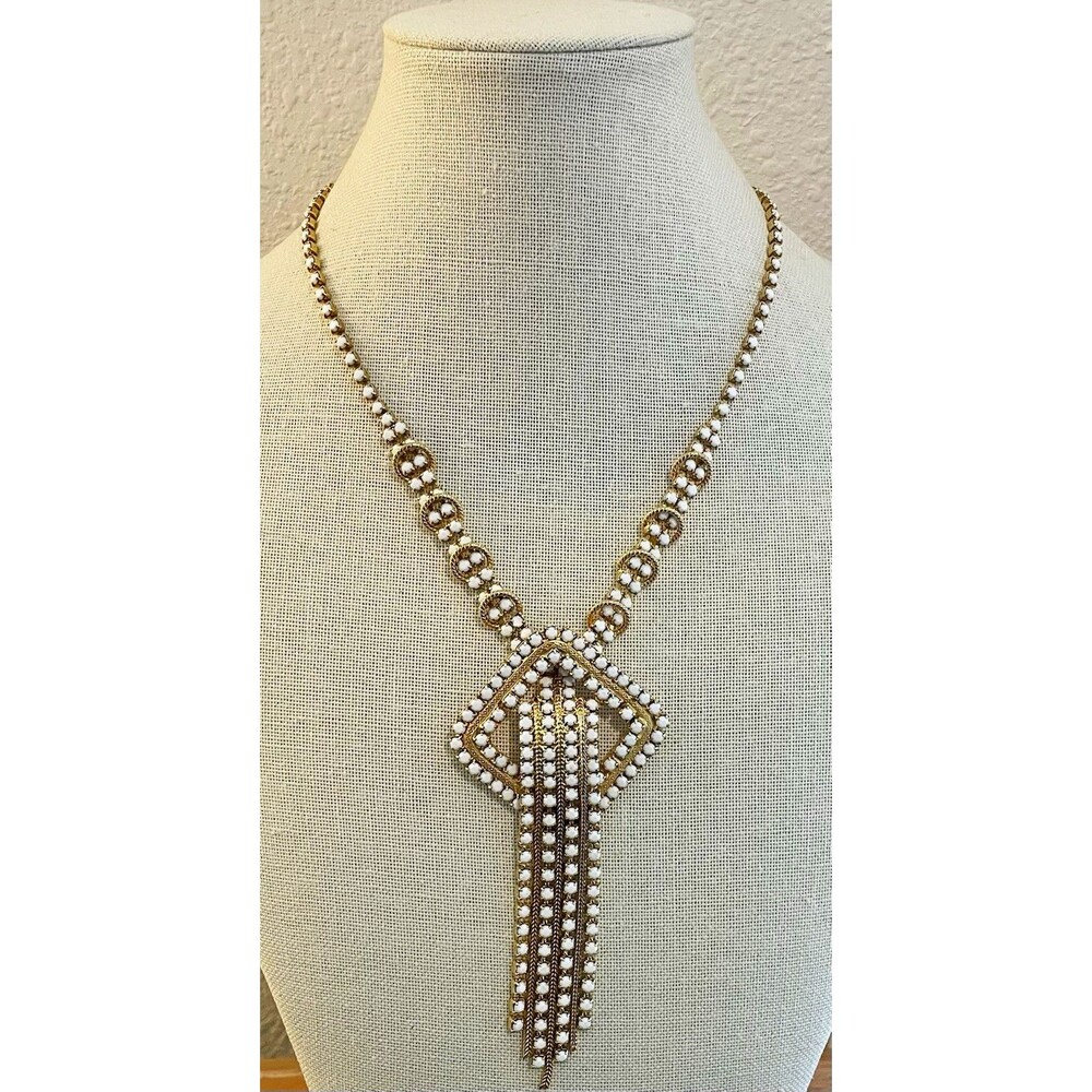 Hobe White Glass Gold Tone Vintage Tassel Pendant Necklace